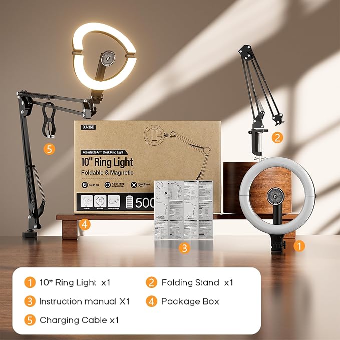 10" Magnetic Ring Light Overhead Camera Phone Mount, XINBAOHONG LED Selfie Light with Stand and Phone Holder, Rechargeable Desk Light for Video Recording