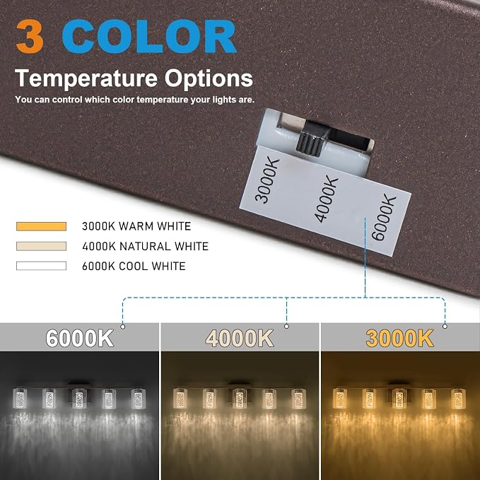 SineRise 5-Light Bronze Vanity Light with 3 Color Modes (3000K/4000K/6000K), Eye Protection LED Bathroom Light Fixture, Dimmable Modern Wall Light Over Mirror with Clear Glass Shade