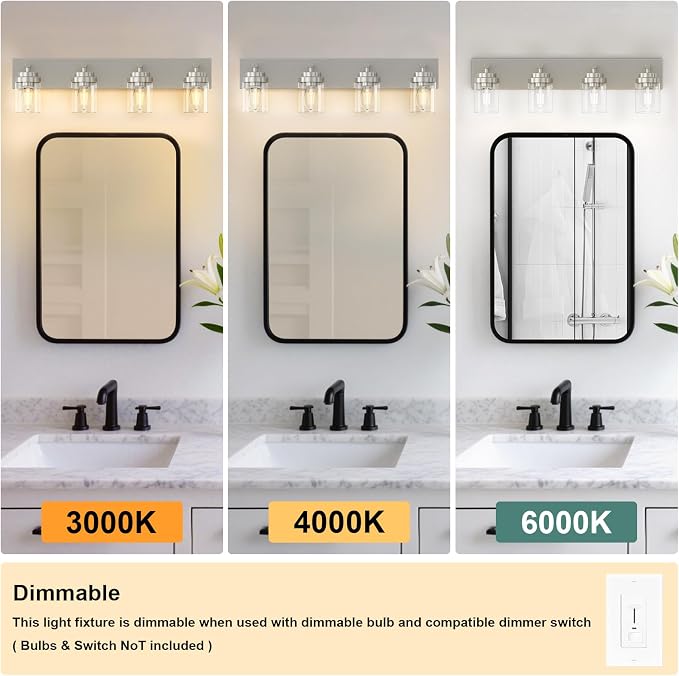 IZORRO Bathroom Vanity Light Fixture, 4-Light 30 Inch Brushed Nickel Bathroom Light Fixtures Over Mirror, with Clear Glass Shade, Modern Farmhouse Vanity Lights, Rustic Restroom Lighting Fixtures