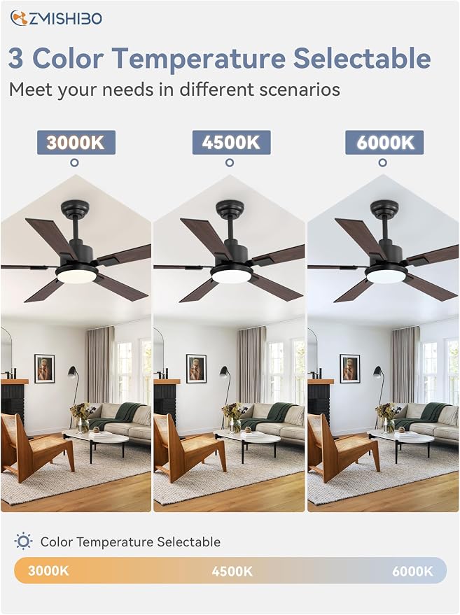 ZMISHIBO 52" Ceiling Fans with Lights for Bedroom, Living Room, Remote | High CFM Powerful Airflow, Quiet DC Motor, 3 CCT LED, Indoor/Covered Outdoor, Dual-Finish, Damp Rated, Black