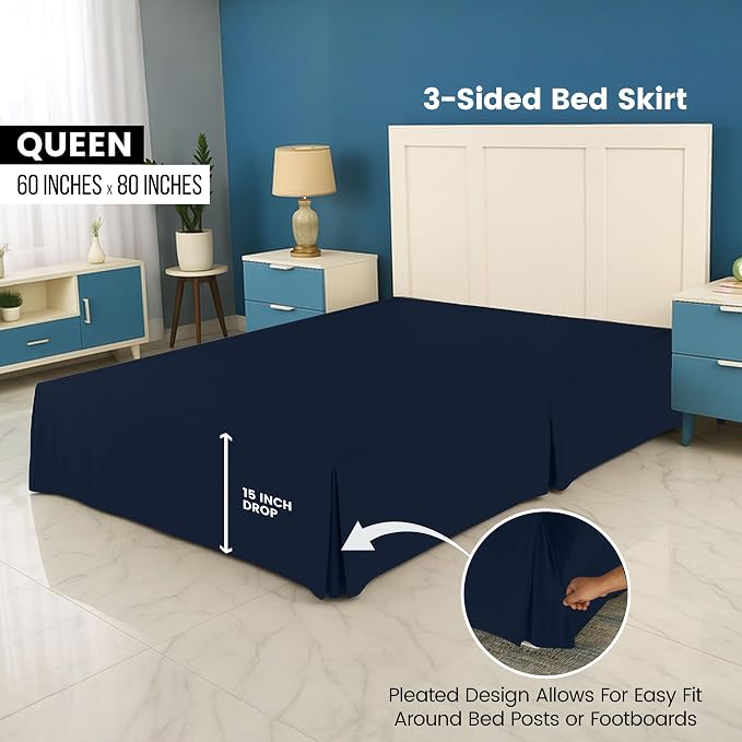 Queen Bed Skirt, Hides Under-Bed Storage 16 Inch Drop, Pleated, Navy | Easy Fit Design, Shrinkage & Fade Resistant, Hotel Style, Microfiber Durable Fabric, Machine Washable