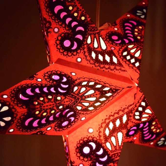 Peacock Paper Star (Red) Lantern with 12 Foot Power Cord Included
