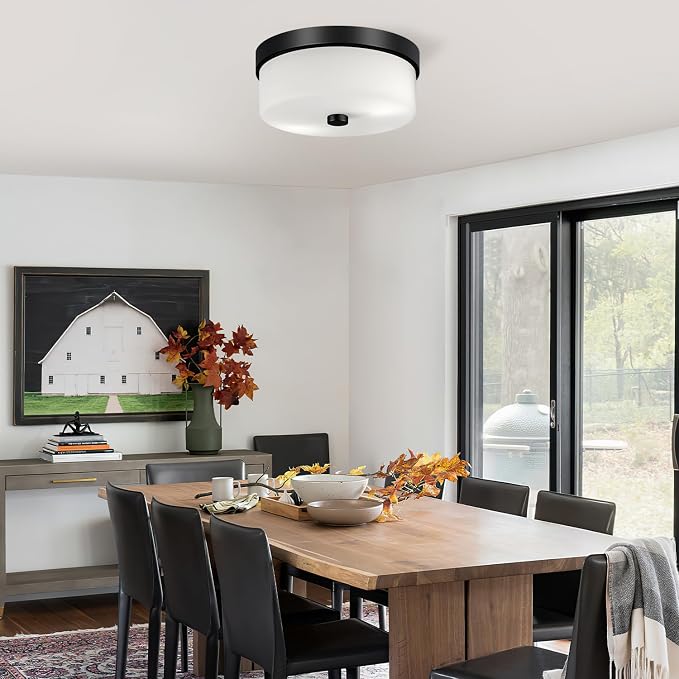 szzgco Black Flush Mount Ceiling Light Fixtures, 2-Light Ceiling Mount with Milky White Glass Lampshade, Industrial Flush Mount Light Fixture Farmhouse for Hallway, Kitchen, Entryway and Foyer
