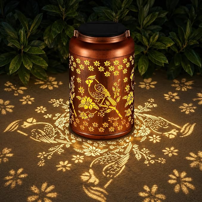 Solar Lanterns Outdoor Waterproof Garden Decor Gifts for Women Mom Grandma | Garden Lantern with Flower Shadow Projection, Decorative Solar Light for Patio Porch Yard Tree (Red Bird)