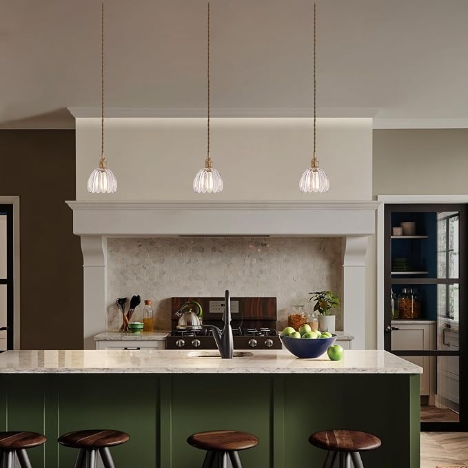 Shenmoyl Pendant Light with Clear Tulip Glass Lmapshade, Brass Vintage Pendant Light Adjustable Hanging Light for Kitchen Island Dining Room Hallway