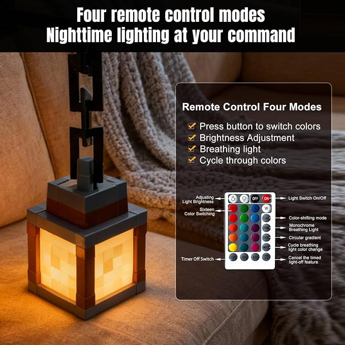 LOUHH Pixelated Lantern Night Light, 16 Color LED Wall Night Light with Remote Control - Rechargeable Retro Pixel Style Table Lamp for Game Room Kids Room Decor and Children's Gifts