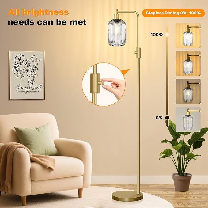【Upgraded】 Dimmable Floor Lamp for Living Room with Gray Ribbed Glass Lampshade, Gold Modern Floor Lamp with 900LM LED Bulb Included, Arc Standing Tall Lamp for Bedroom, Office, Reading Room, Corner