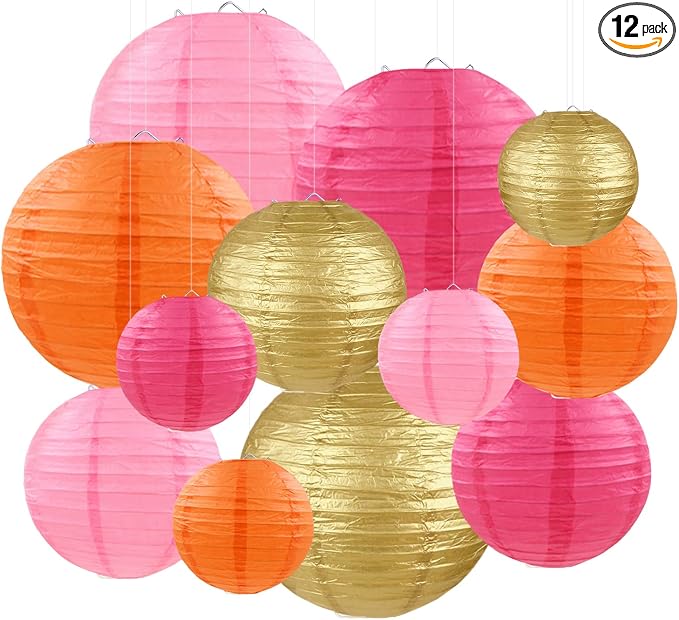 Pink Orange Gold Paper Lanterns Party Decorations, Round Hanging Paper Lanterns for Wedding Birthday Home Classroom Party Supplies (12 PCS)