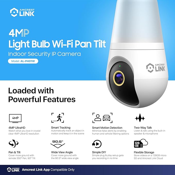 Amcrest Link 4MP Light Bulb WiFi Indoor/Outdoor Camera, Human Detection, 90.5° FOV, Pan/Tilt, IP45, AI Night Color, 2.4GHz/5GHz Dual Band Camera, Supports MicroSD Storage up 128GB