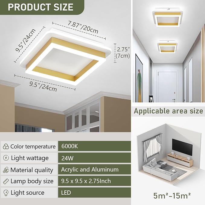 CANEOE Square Flush Mount Ceiling Light 24W Modern Led Hallway Ceiling Light Fixtures Gold Close to Ceilings Lamp for Bedroom Bathroom Living Room Laundry Kitchen