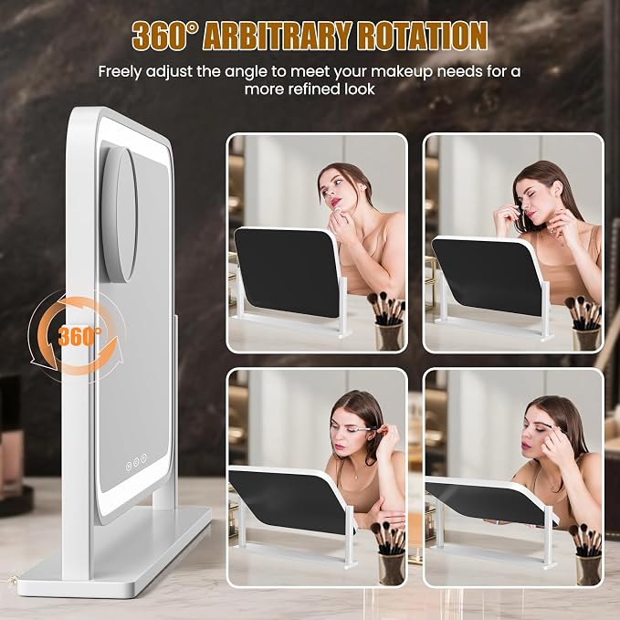 Vanity Mirror with Lights, 16.5"×12.2" LED Makeup Mirror, Rounded Frame, 10X Magnification, Smart Touch with 3-Color Lighting, Dimmable, 360° Rotation, Lighted Up for Makeup Desk, Bedroom (White)