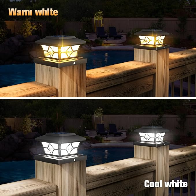 VOLISUN Solar Post Cap Lights Outdoor, Solar Powered Fence Cap Lights for 4x4 Vinyl/Wood, Black Waterproof Solar Deck Post Light 8Pack Cool/Warm for Garden Patio Porch | Solar powered waterproof deck lights fit 4x4 wooden & vinyl posts, ideal for garde...