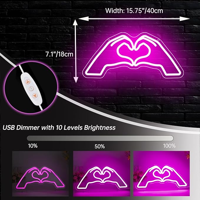 Heart Hands Neon Sign, Pink Room Decor, 15.75 inches Dimmable USB Powered Led Wall Art Decor, Music Merch Gifts for Girls Boys, Fans, Music Lover, Party, Christmas, Birthday(Pink)