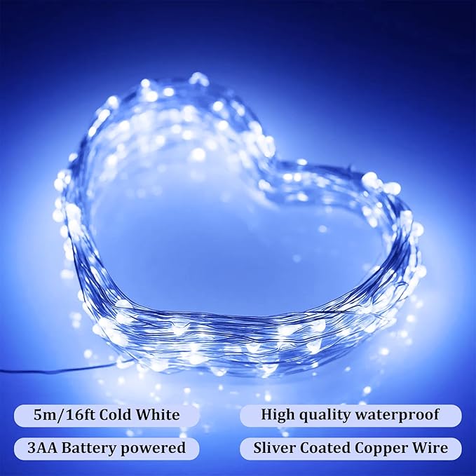 Timer Led String Light,2 Pack Mini Battery Powered Silver Wire Starry Fairy Lights,Battery Operated Lights for Bedroom,Christmas,Parties,Wedding,Christmas Gift Decoration(5m/16ft Cold White)