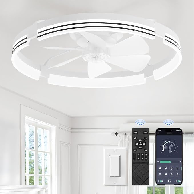 ZMISHIBO Low Profile Ceiling Fans with Lights and Remote, 24 “ White | 3000K-6000K Dimmable Fandelier LED, Flush Mount, 6 Wind Speeds, Reversible, Timer, Bedroom, Living Room, Kitchen, Kids Room
