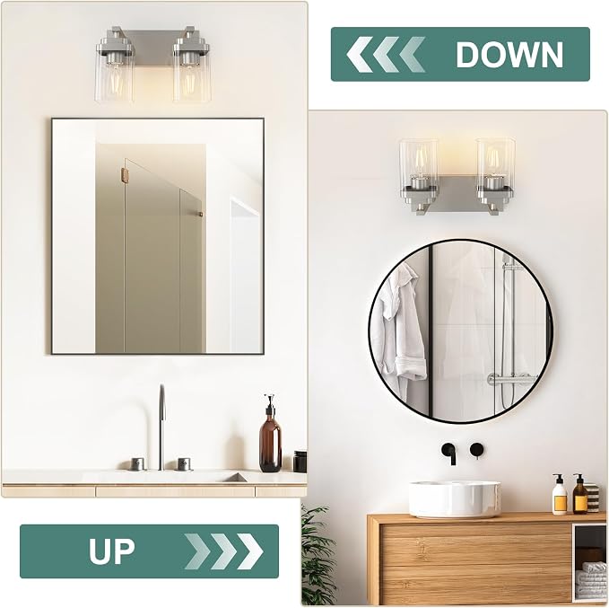 Brushed Nickel Bathroom Light Fixtures, 2 Lights Bathroom Lighting Fixtures Over Mirror, Square Design & Rectangle Large Backplate, Modern Vanity Lighting Fixtures, for Living Room/Bedroom