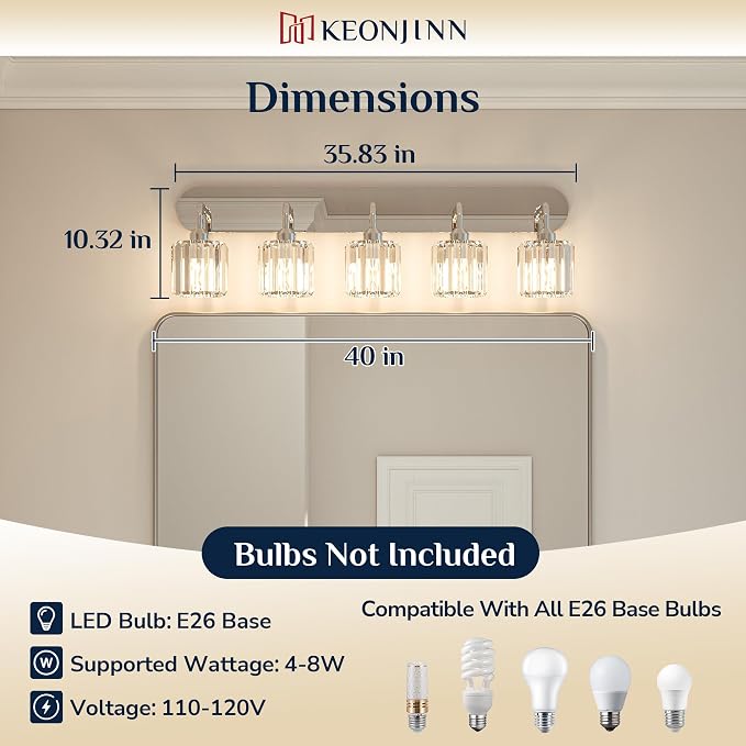 Keonjinn 5-Light Crystal Bathroom Light Fixtures Over Mirror, Chrome | Vanity Lighting Fixture with Square Shades, Dimmable, Modern Style, Compatible with E26 Base LED Bulbs (Blub Not Included)