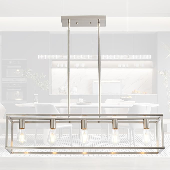 Dining Room Light Fixture, Modern Linear Hanging Light Fixture Matte Brushed Nickel 5-Light Industrial Pendant Lighting for Kitchen Island