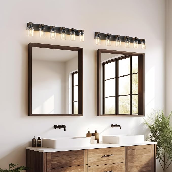 Farmhouse 6-Light Bathroom Vanity Light Fixtures, Black and Wood | 43.3″ Rustic Matte Black Metal Frame, Clear Glass Shades, Vintage Wall Sconces Lighting Over Mirror, for Bathroom Restroom