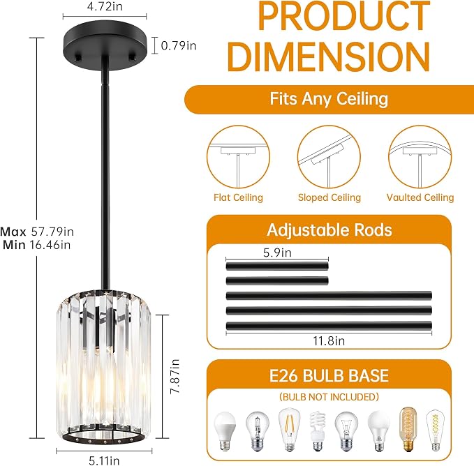 Black Pendant Light, Modern Crystal Pendant Lights Kitchen Island, Kitchen Island Lighting with Adjustable Height, UL Certified Island Lights for Kitchen Dining Room Bedroom Hallway 3 Pack