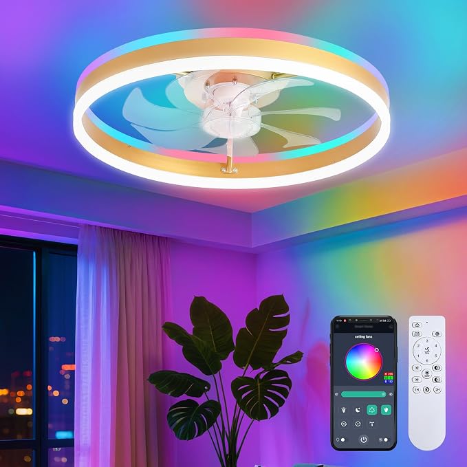 RGB Ceiling Fan with Light, 20'' Low Profile Ceiling Fans with Remote Control, Smart Gold Flush Mount LED Fan Light, Modern Bladeless Fandelier for Bedroom, Living Room, Kitchen