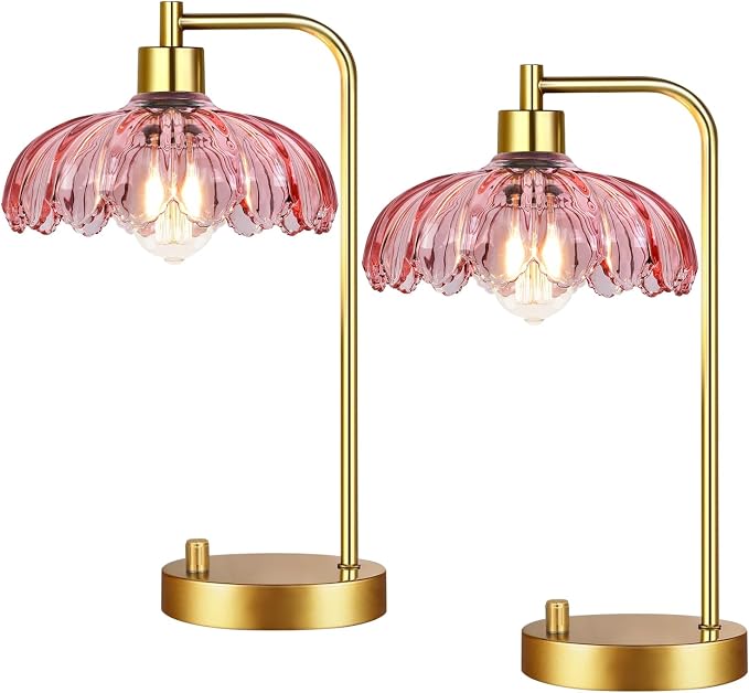 ILLMTW Pink Table Lamp Set of 2,Small Gold Bedside Lamps Dimmable Boho Bedroom Lamp with Tulip Flower Glass Lamp Shade,Vintage Mid Century Modern Mini Nightstand Lamp for Bedroom Living Room