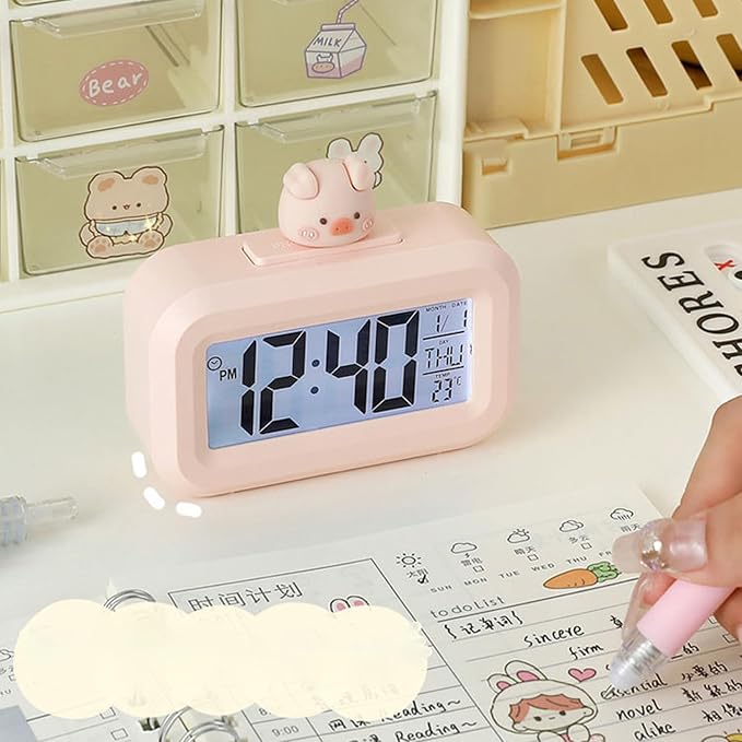 Cartoon Desktop Electronic LED Clock Cute Alarm Temperature (Pink Piggy)