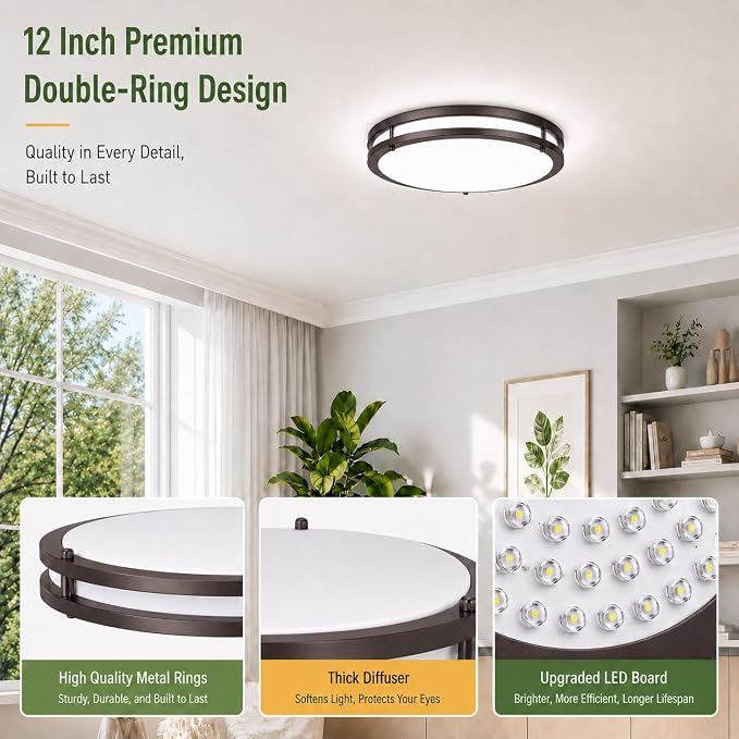 13inch 36W LED Ceiling Light, 1-Pack Oil Rubbed Bronze Flush Mount Light Fixture, 3600LM 2700K/3000K/4000K/5000K/6500K Selectable Ceiling Light, Modern Dimmable Lighting for Kitchen Hallway Bathroom