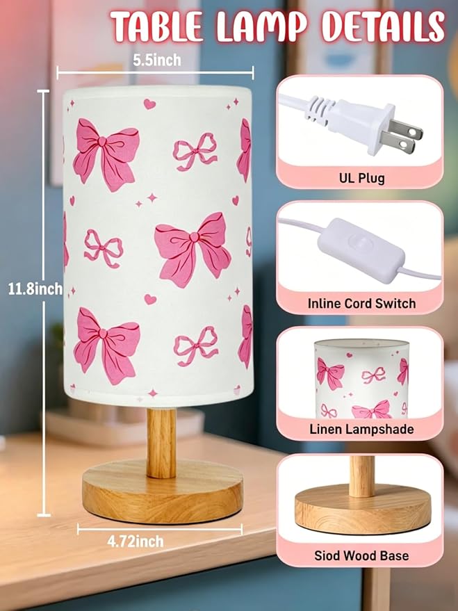 Pink Bow Table Lamp,Kids Bedside Lamp for Bedroom Girls Decorative Lights 3 Colors Nightstand Night light with Linen Lampshade Desk Lamp for Boys Girls Birthday Gifts for Home Office Living room Decor