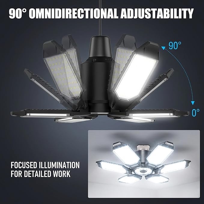 BRAINIAC 100W LED Garage Lights, 10000LM Ultra Bright Shop Light with 6+1 Adjustable Panels, 6500K Daylight E26/E27 Screw-in Deformable Ceiling Light Bulb for Workshop, Barn, Basement, Warehouse