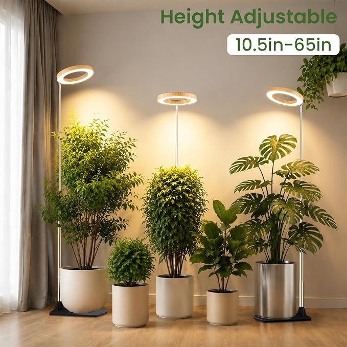 Grow Lights for Indoor Plants, 6.3" Full Spectrum Plant Light with Base | Bamboo Grain, 65" Adjustable for Indoor Garden Tall Large Plants, 6/8/12/16H Auto Timer, 3 Light Colors, 5 Brightness, 3 Pack