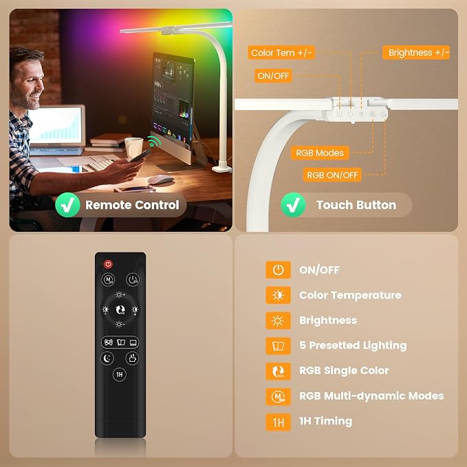 Upgraded LED Desk Lamp for Home Office with RGB, Rotatable Computer Desk Light with Remote, Tall Table Lamp with Clamp for Working, Dimmable Dual Head Task Lighting for Monitor PC, 22W
