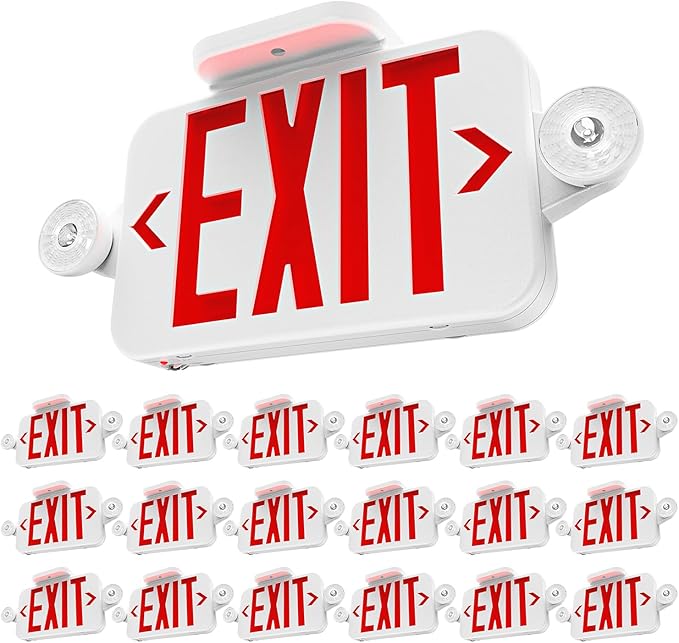 Sunco 18 Pack LED Exit Sign With Emergency Lights, Red, Two Mini Adjustable Lights, 94V-0 Fire Resistant, Backup Battery, 2.3W 6000K Daylight Deluxe, 200 Lumens 120-277V, Wall Or Ceiling Mount UL.
