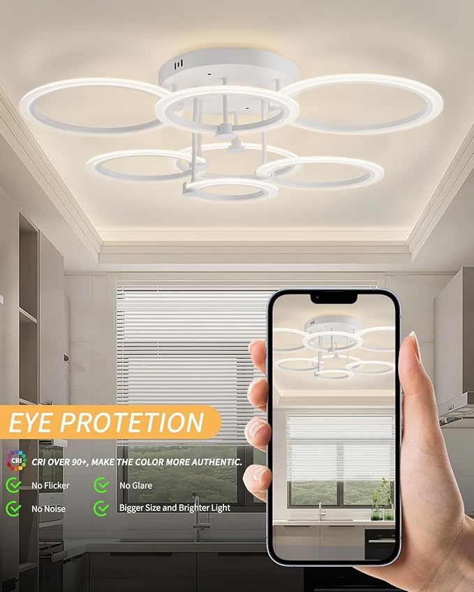 Smart LED Ceiling Light, 7-Ring Modern Flush Mount Fixture, 130W Dimmable 3000K–6500K, WiFi Alexa & App Control, White Ceiling Light for Living Room Bedroom Kitchen (31.8")