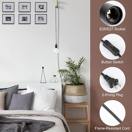 JACKYLED UL-Listed 20Ft Extension Hanging Lantern Cord Cable 2-Pack Black | 360W with E26 E27 Socket On/Off Button Pendant Lighting