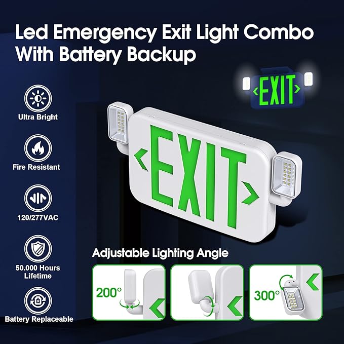 Led Combo Emergency Exit Sign Light with Two Adjustable Head Lights and Backup Battery,US Standard Green Letter Commercial Emergency Exit Lighting,UL 924,120/277V (2Pack)