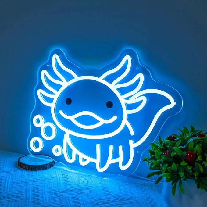 Axolotl Neon Sign for Bedroom Decor, Cute Axolotl LED Night Light | Kawaii Room Decor, Gamer Setup, Kids Bedroom, Game Room, Birthday Party, Cozy Ambience, USB Powered, Premium Finish, Ice Blue