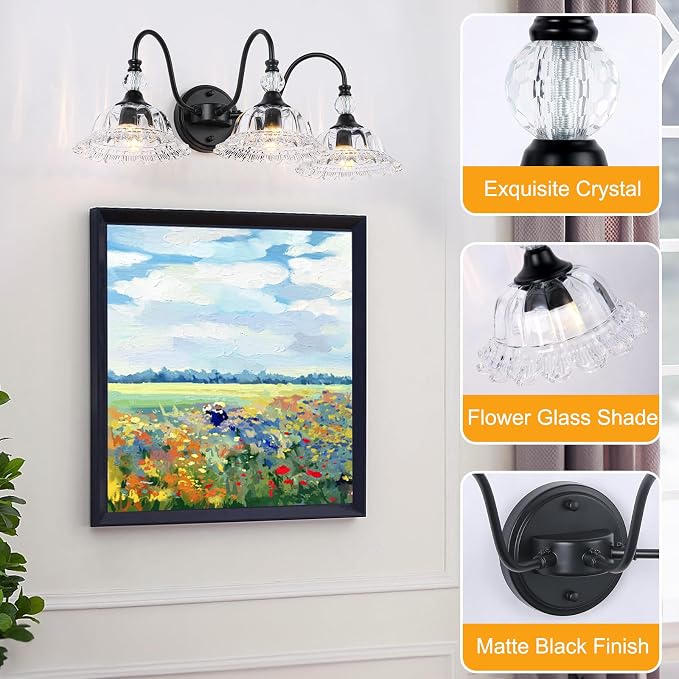Vintage Bathroom Vanity Light Fixtures 3 Lights Matte Black Vanity Lights for Bathroom with Floral Crystal Glass Shades Wall Lighting Fixtures Over Mirror(Exclude E26 Bulb)