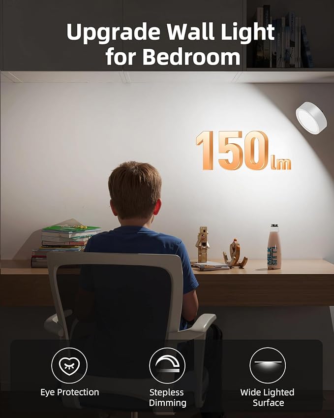 EZVALO LED Wall Mounted Lights, 5500mAh Rechargeable Wall Sconces Lamp, 3 Color Temps & Remote and Touch Control, 360°Rotation Dimmable Cordless Wall Light for Bedroom (3 Pack White)