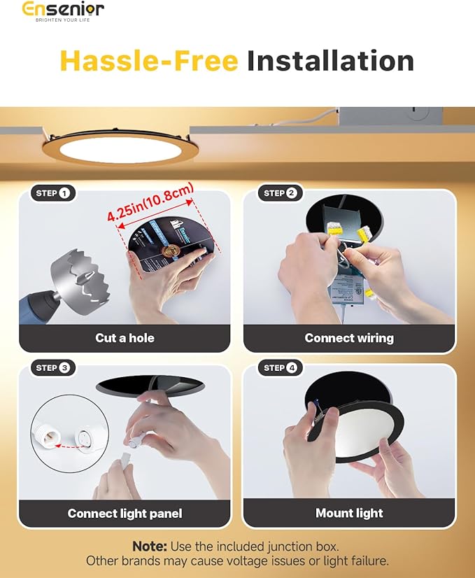Ensenior 4 Pack 4 Inch LED Recessed Light, Dimmable, 2700K-5000K 5CCT, 750LM High Brightness, 9W 120V, Damp Rated, Ultra-Thin Canless Wafer Light, Black - ETL & FCC & IC