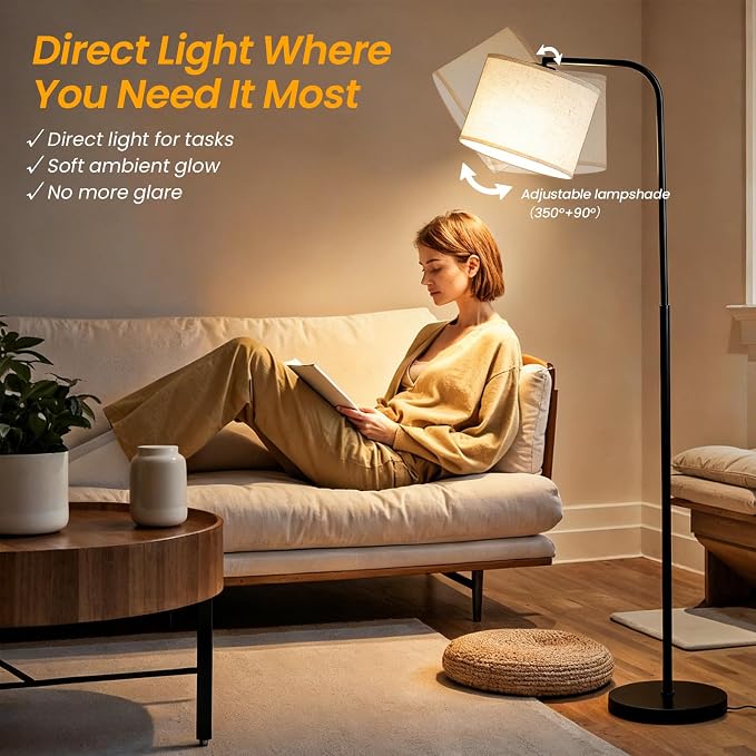 Arc Floor Lamp with Remote and Dimmable Black Floor lamps for Living Room | Modern Tall Standing Lamp for Bedroom Corner and Office wiht Adjustable Hanging Drum Shade Over Couch Arched Reading Light