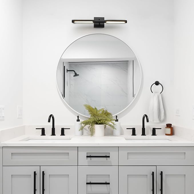 Globe Electric 63000203 5-Piece All-in-One Bathroom Set, 2-Light LED Vanity Light, Matte Black, 1200 Lumen, Towel Bar, Robe Hook, Toilet Paper Holder, Towel Ring, Bathroom Lights Over Mirror