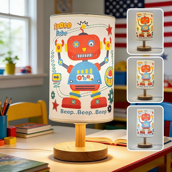 Robot Kids Table Lamp for Bedroom Boys Bedside Lamps,3 Color Dimmable Nightstand Night Light with Cartoon Robot Lampshade and Wood Bas for Bedroom Living Kid Room Study for Practical Gift for Boys