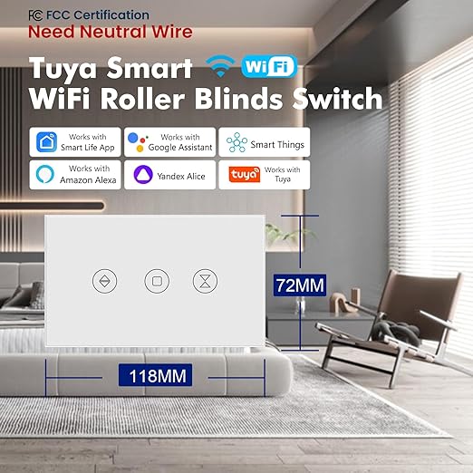 Smart Roller Shutter Switch Single Gang 2.4GHz Wi-Fi Touch Switch, Neutral Wire Required,Work with Smart Life/Tuya App and Alexa,Tempered Glass Panel,White