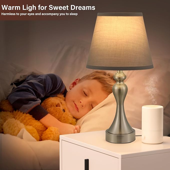 Touch Lamps for Nightstand, 3 Way Dimmable Bedside Lamps with USB C+A Ports | Touch Control, LED Bulb Included, Small Silver Table Lamp for Bedroom, Night Stands, End Table, Gift，Corded，Grey Shade