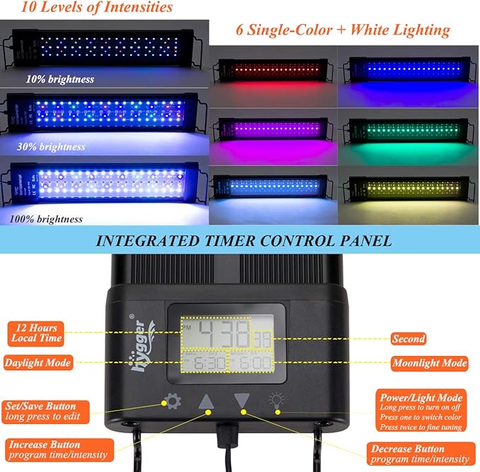 hygger Auto On Off LED Aquarium Light Dimmable 7 Colors Full Spectrum Fish Tank Light Fixture for Freshwater Planted Tank Build in Timer Sunrise Sunset for 36-42 Inch Long Aquariums