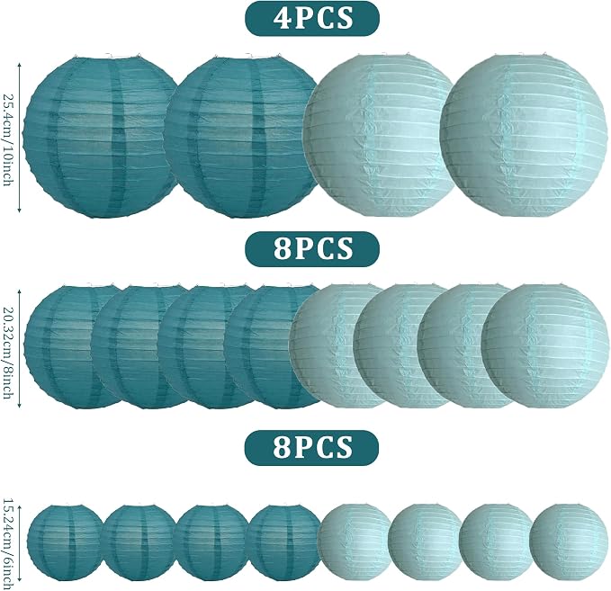 20Pcs Paper Lanterns Decorative, Teal Round Hanging Lanterns for Wedding | 6"8"10" Blue Paper Lanterns Decorations for Rustic Party Bridal Shower Birthday Baby Shower Engagement Home Classroom Decor