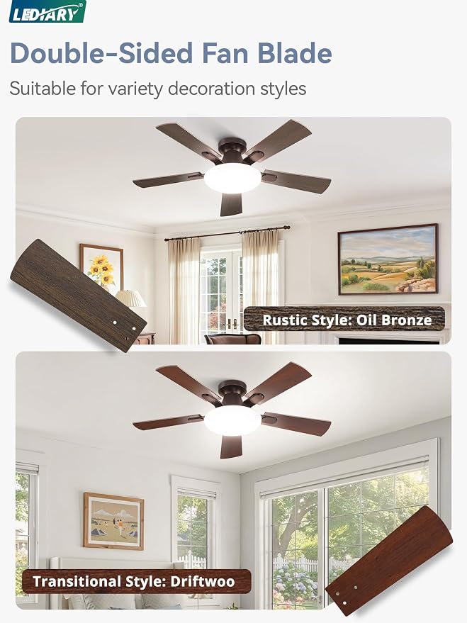 LEDIARY 42 Inch Flush Mount Ceiling Fans with Lights, Remote & APP Control | Bright Light, 3CCT, Dimmable, Memory Function, Timer, Reversible Blade, Quiet DC Motor, Damp-Rated, Bedroom, Covered Patio