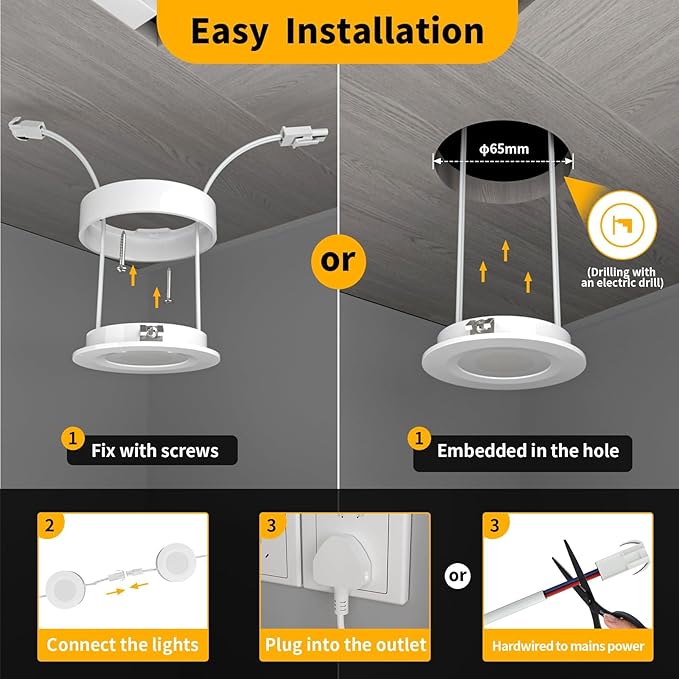 WOBANE Hardwired Under Cabinet Lights,Linkable LED Puck Lighting with Switch,DIY Under Counter Light for Kitchen,Showcase,Bookcase,Recessed&Wall Plug in,Natural White 4000K,120V,Set of 3