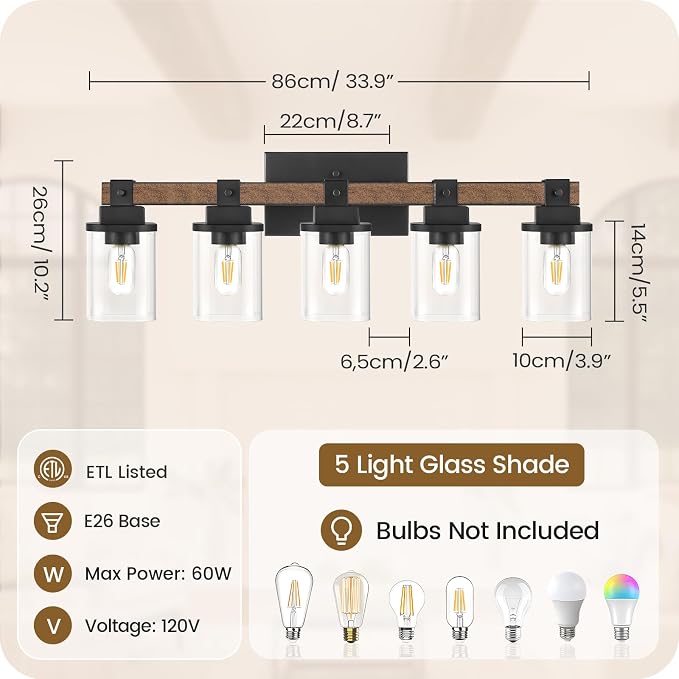 5-Light Bathroom Light Fixtures, Farmhouse Vanity Lights for Bathroom with Glass Square Shade, Rustic Vanity Lights, Sconce Wall Light, E26 Base (Bulbs Not Included), ETL Listed FS10BD05